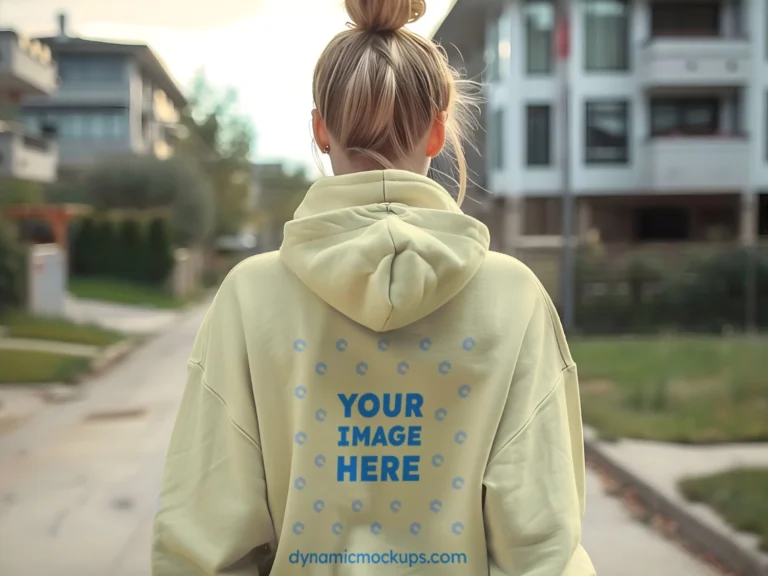 Woman Wearing Cream Hoodie Mockup Back View Template