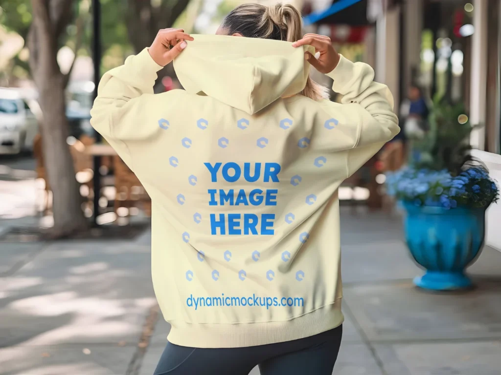 Woman Wearing Cream Hoodie Mockup Back View Template