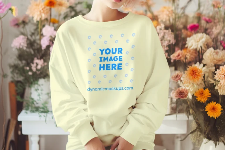 Woman Wearing Cream Sweatshirt Mockup Front View Template