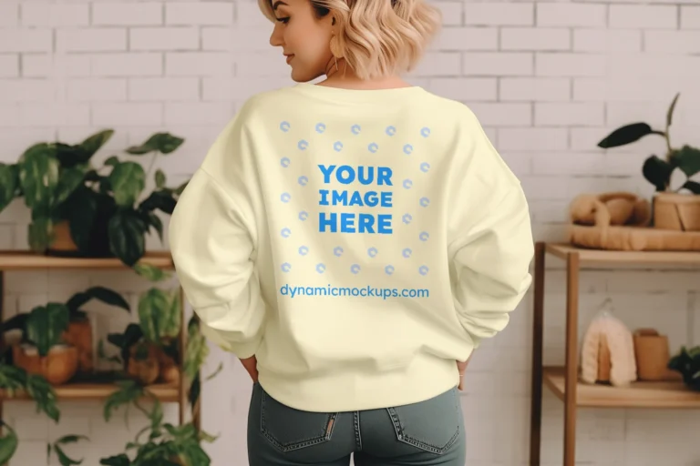 Woman Wearing Cream Sweatshirt Mockup Back View Template