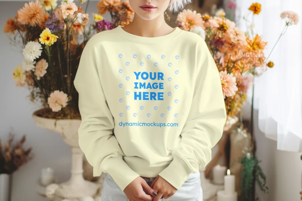 Woman Wearing Cream Sweatshirt Mockup Front View Template