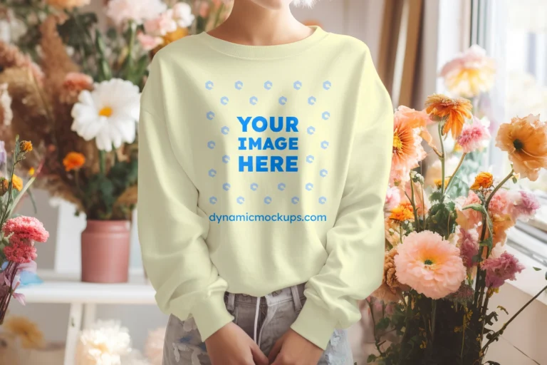 Woman Wearing Cream Sweatshirt Mockup Front View Template