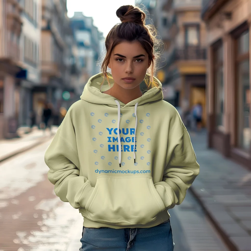 Woman Wearing Cream Hoodie Mockup Front View Template