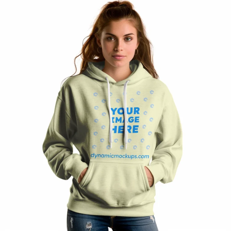 Woman Wearing Cream Hoodie Mockup Front View Template