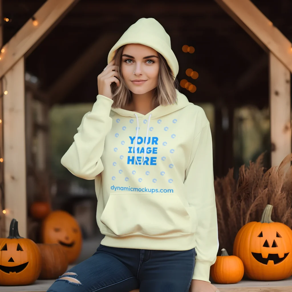 Woman Wearing Cream Hoodie Mockup Front View Template