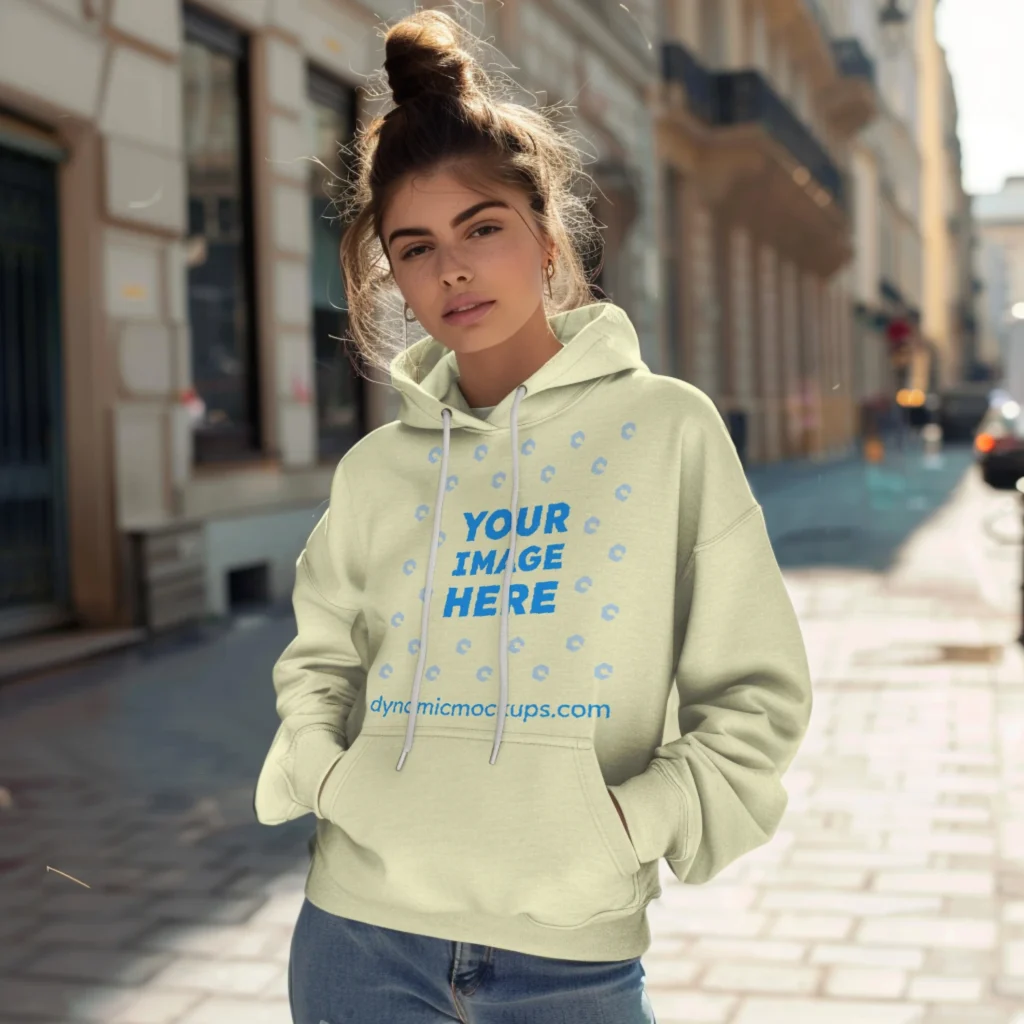 Woman Wearing Cream Hoodie Mockup Front View Template