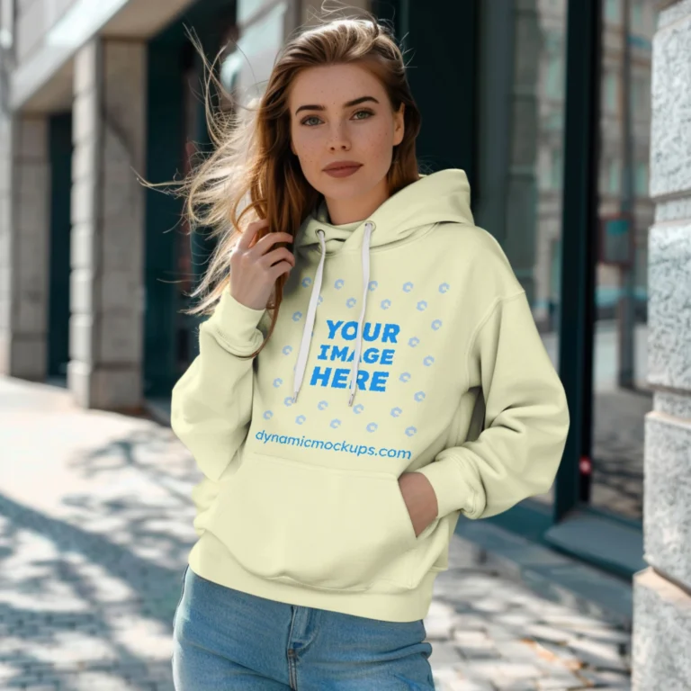 Woman Wearing Cream Hoodie Mockup Front View Template