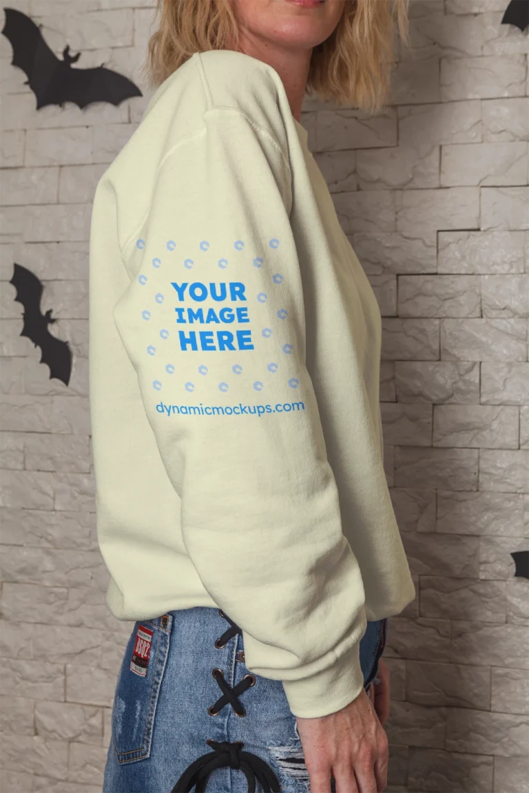 Woman Wearing Cream Hoodie Mockup Side View Template