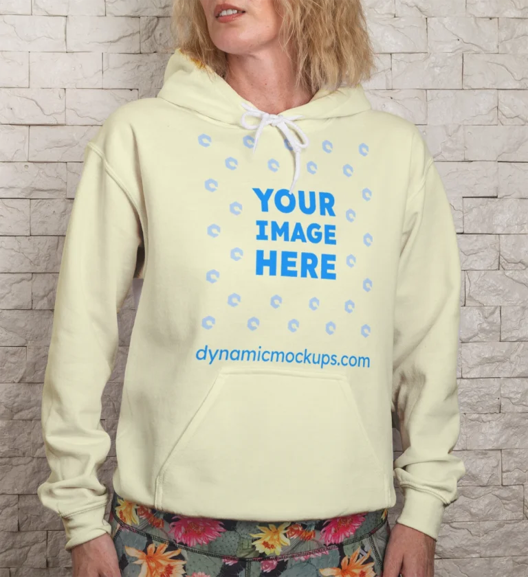 Woman Wearing Cream Hoodie Mockup Front View Template