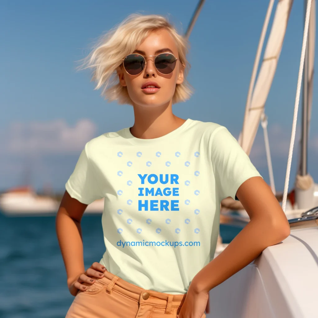 Woman Wearing Cream T-shirt Mockup Front View Template