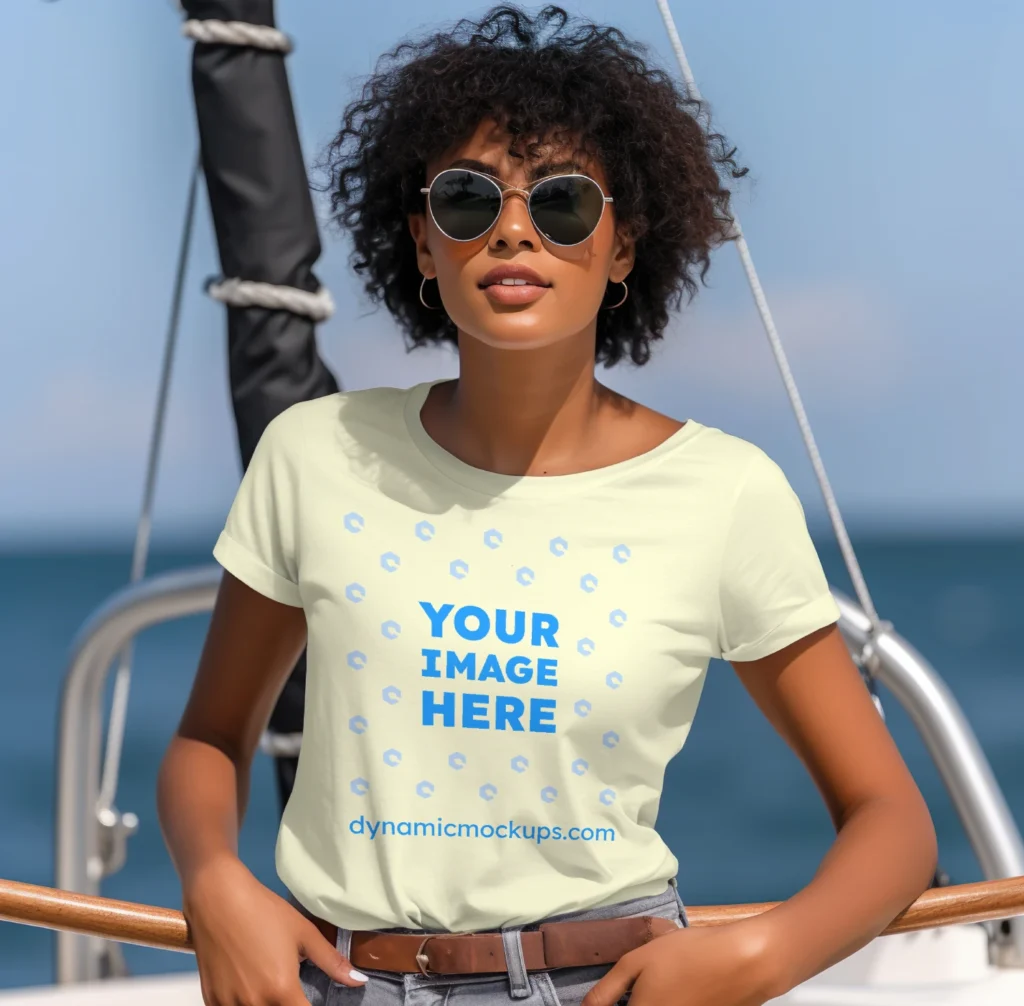 Woman Wearing Cream T-shirt Mockup Front View Template