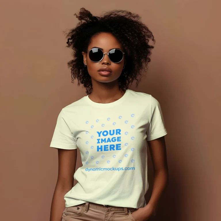 Woman Wearing Cream T-shirt Mockup Front View Template