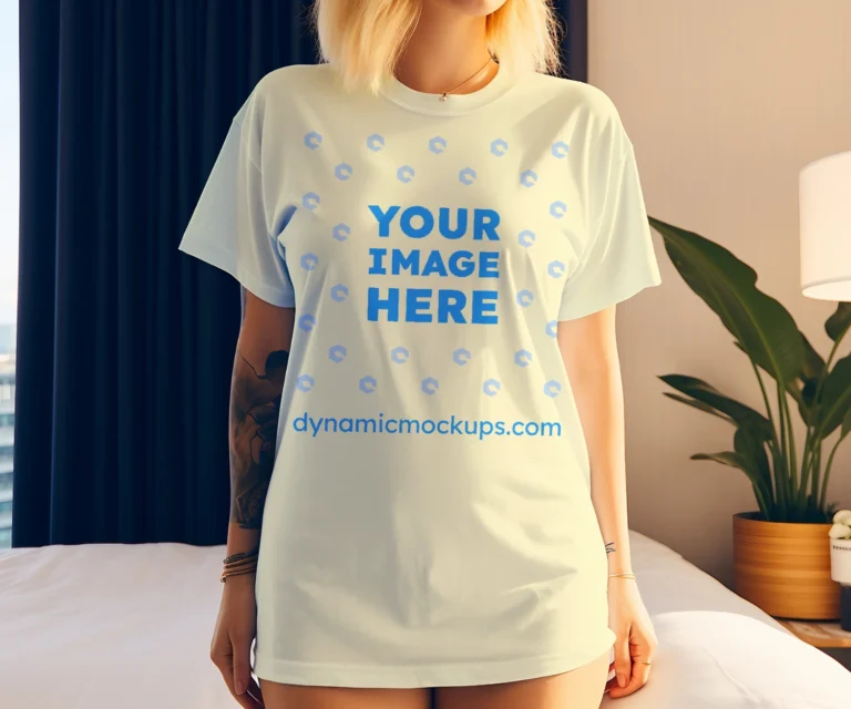 Woman Wearing Cream T-shirt Mockup Front View Template