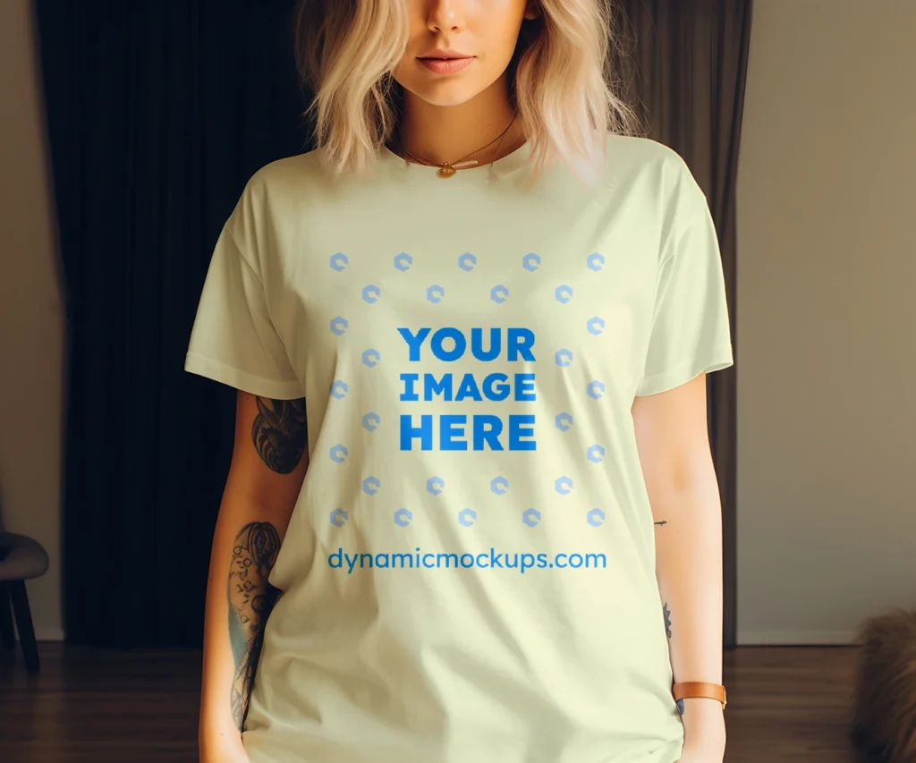 Woman Wearing Cream T-shirt Mockup Front View Template