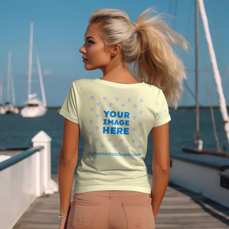 Woman Wearing Cream T-shirt Mockup Back View Template