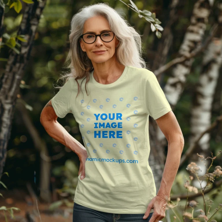 Woman Wearing Cream T-shirt Mockup Front View Template