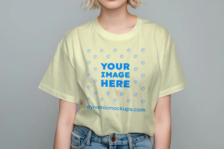 Woman Wearing Cream T-shirt Mockup Front View Template