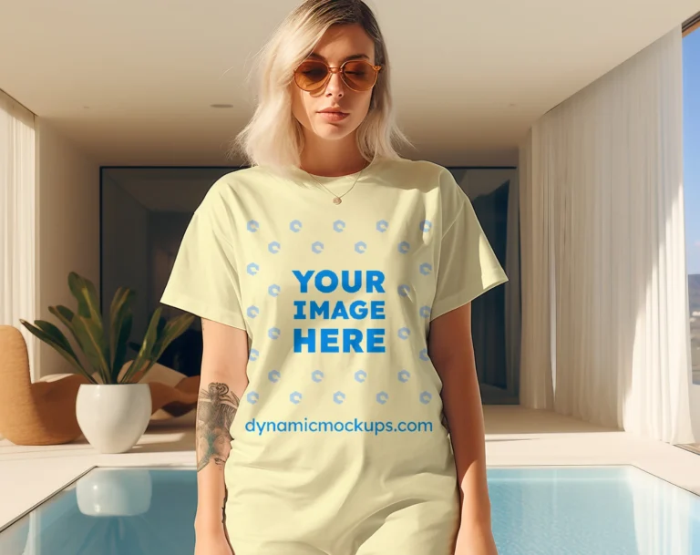 Woman Wearing Cream T-shirt Mockup Front View Template