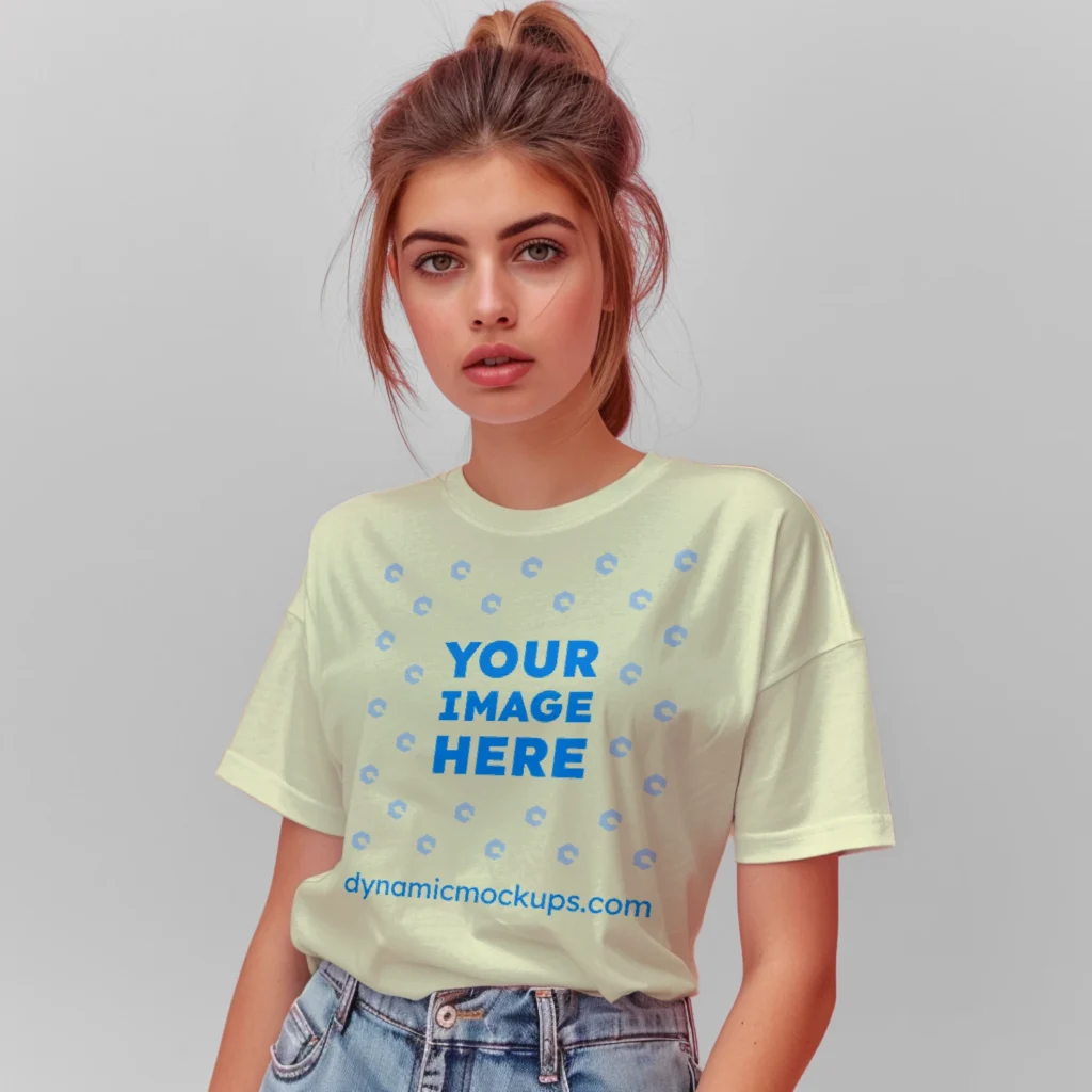 Woman Wearing Cream T-shirt Mockup Front View Template