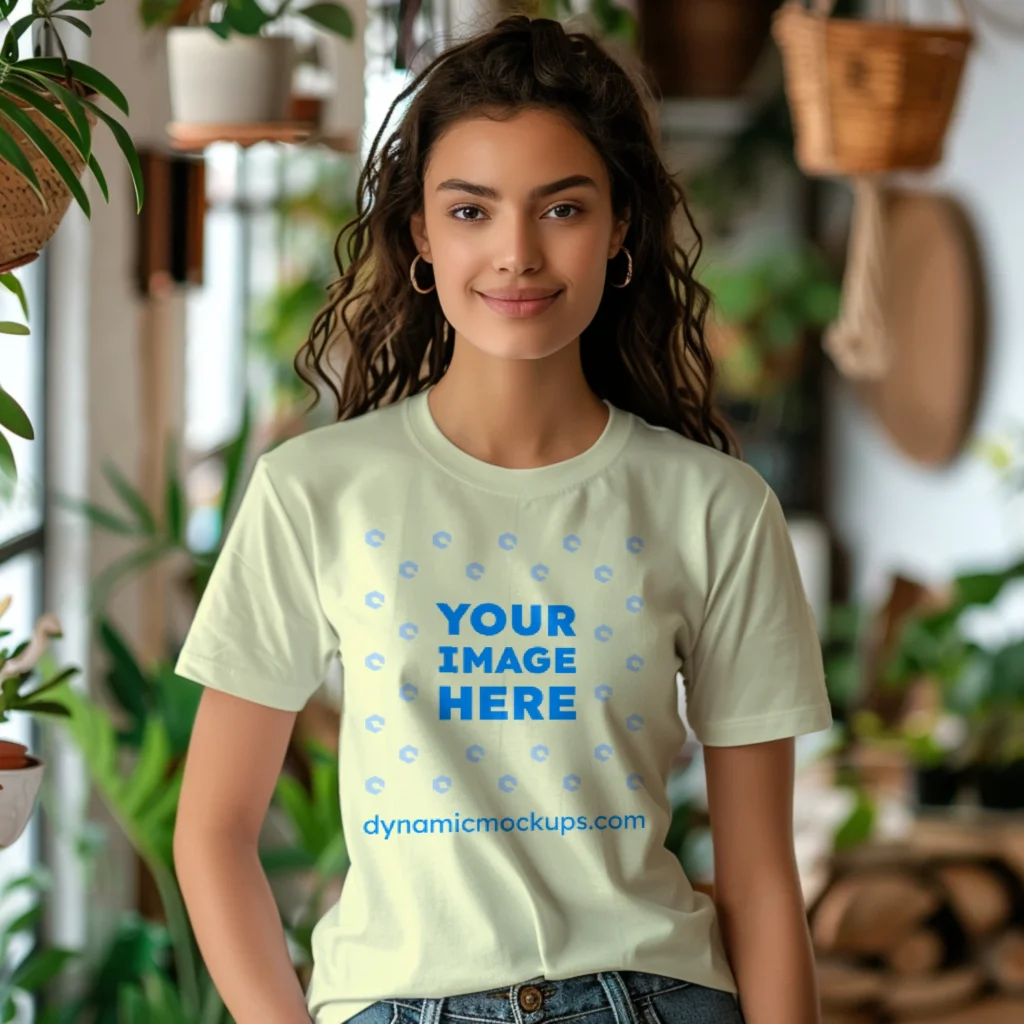 Woman Wearing Cream T-shirt Mockup Front View Template