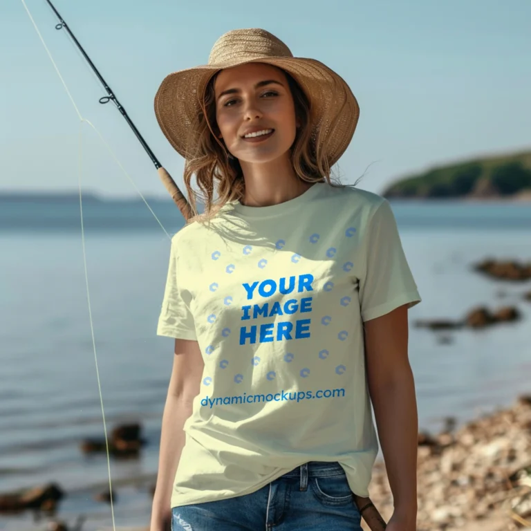 Woman Wearing Cream T-shirt Mockup Front View Template