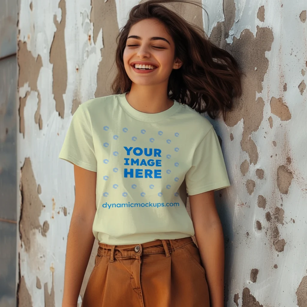 Woman Wearing Cream T-shirt Mockup Front View Template