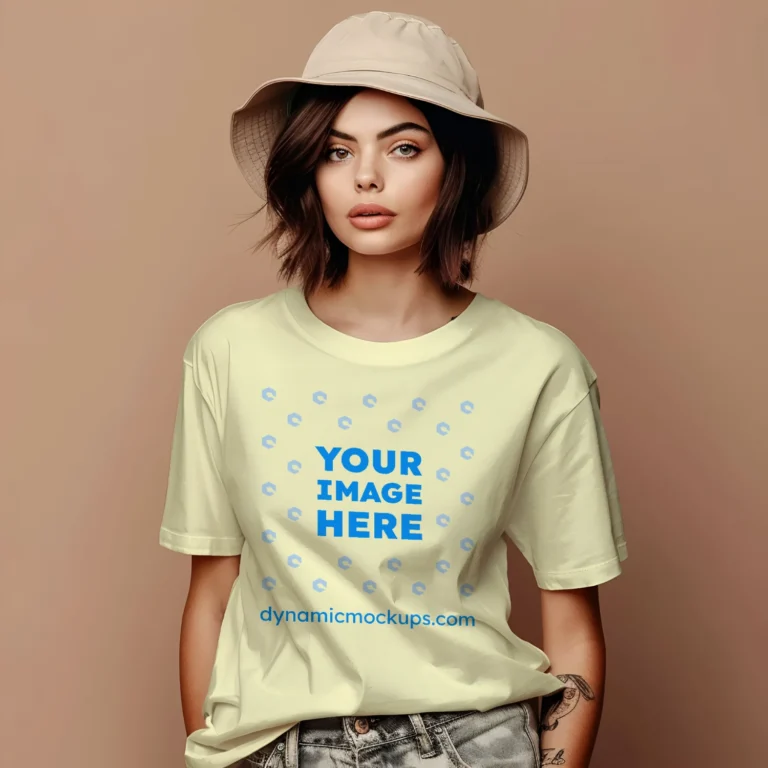 Woman Wearing Cream T-shirt Mockup Front View Template