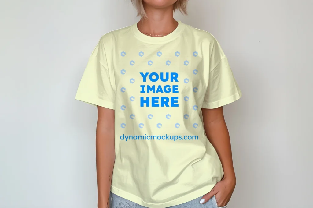 Woman Wearing Cream T-shirt Mockup Front View Template