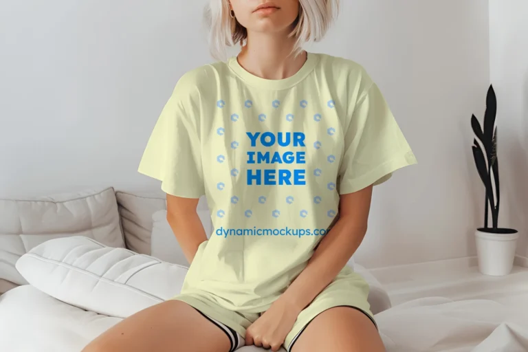 Woman Wearing Cream T-shirt Mockup Front View Template