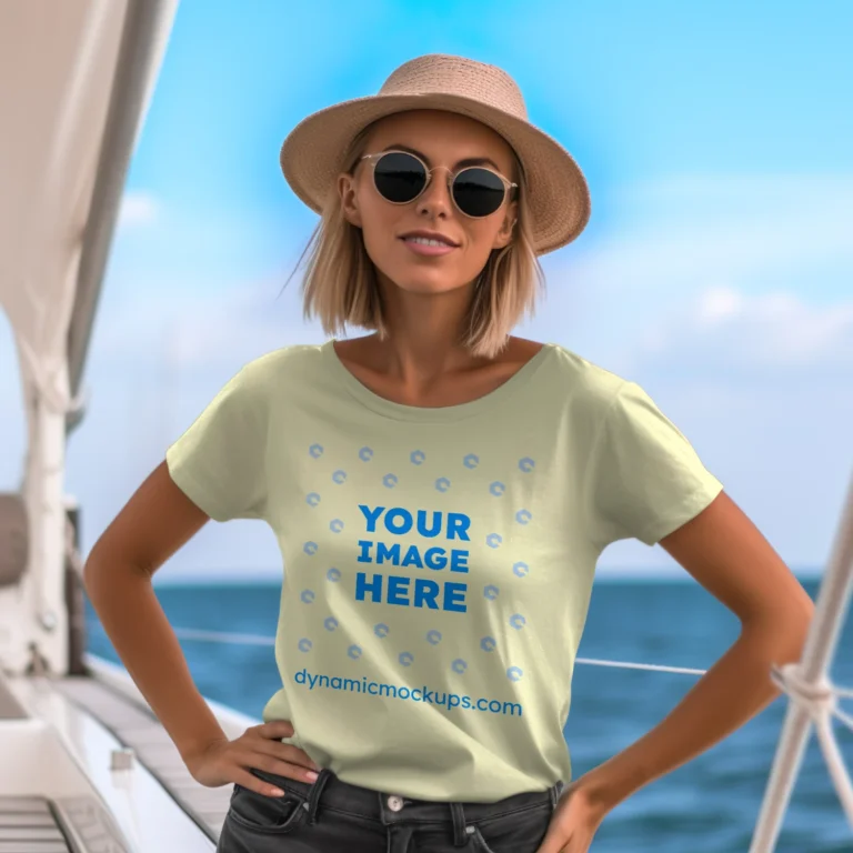 Woman Wearing Cream T-shirt Mockup Front View Template