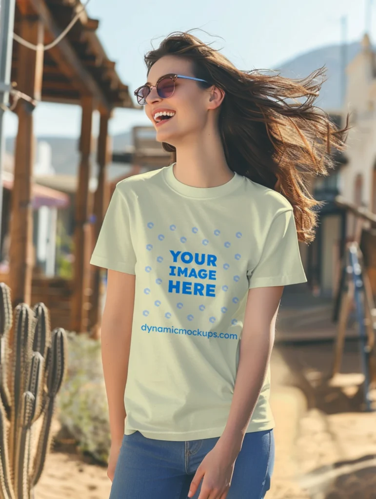 Woman Wearing Cream T-shirt Mockup Front View Template