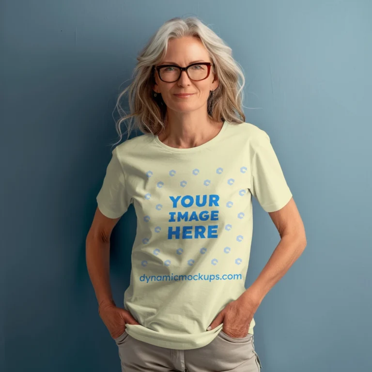 Woman Wearing Cream T-shirt Mockup Front View Template