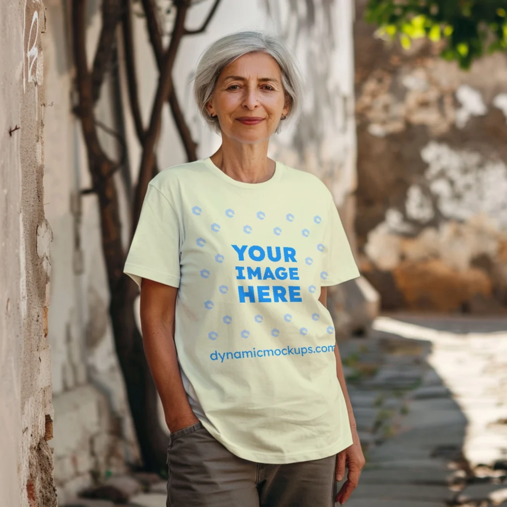 Woman Wearing Cream T-shirt Mockup Front View Template