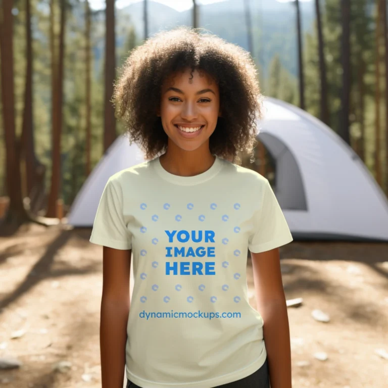 Woman Wearing Cream T-shirt Mockup Front View Template