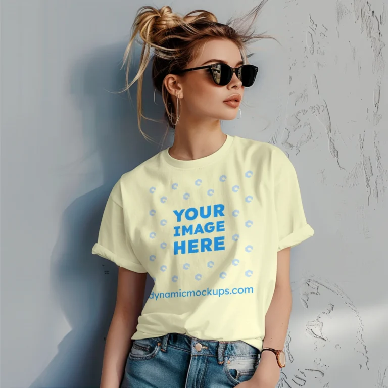 Woman Wearing Cream T-shirt Mockup Front View Template