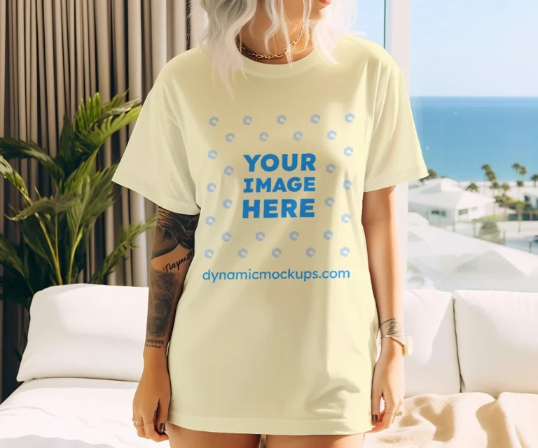 Woman Wearing Cream T-shirt Mockup Front View Template