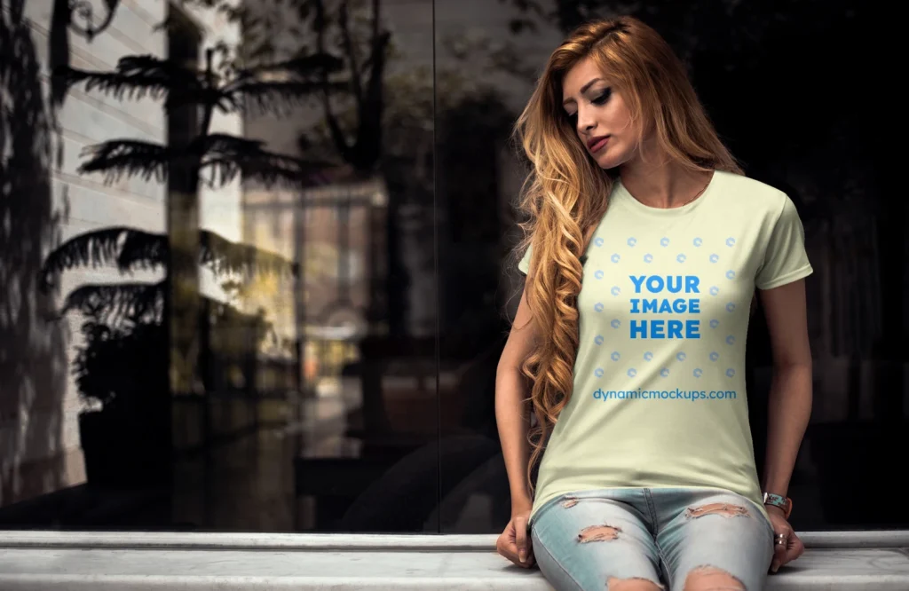 Woman Wearing Cream T-shirt Mockup Front View Template