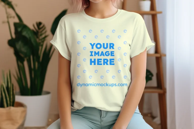 Woman Wearing Cream T-shirt Mockup Front View Template