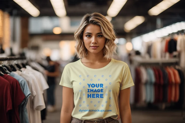 Woman Wearing Cream T-shirt Mockup Front View Template