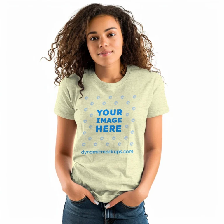 Woman Wearing Cream T-shirt Mockup Front View Template