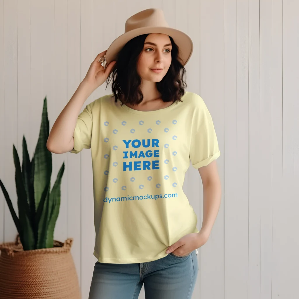 Woman Wearing Cream T-shirt Mockup Front View Template