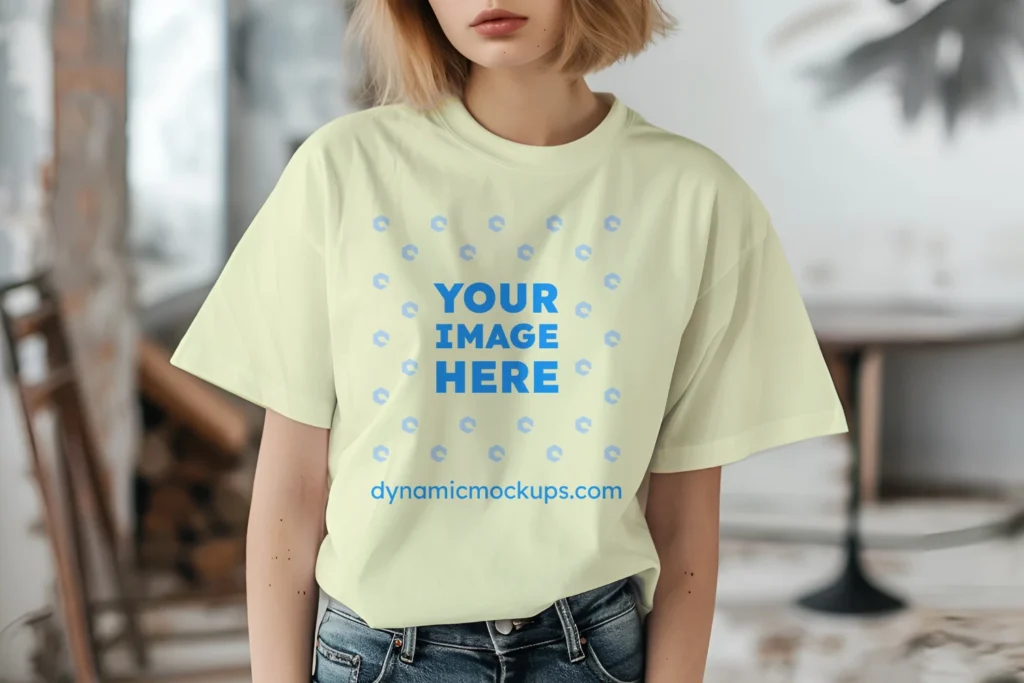 Woman Wearing Cream T-shirt Mockup Front View Template