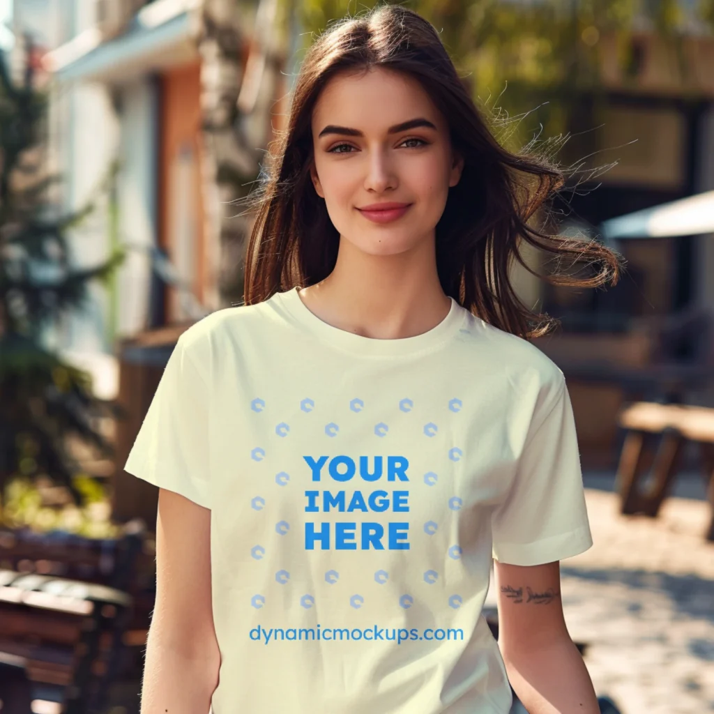 Woman Wearing Cream T-shirt Mockup Front View Template