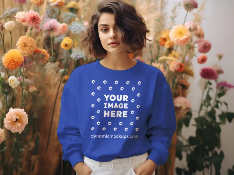 Woman Wearing Dark Blue Sweatshirt Mockup Front View Template