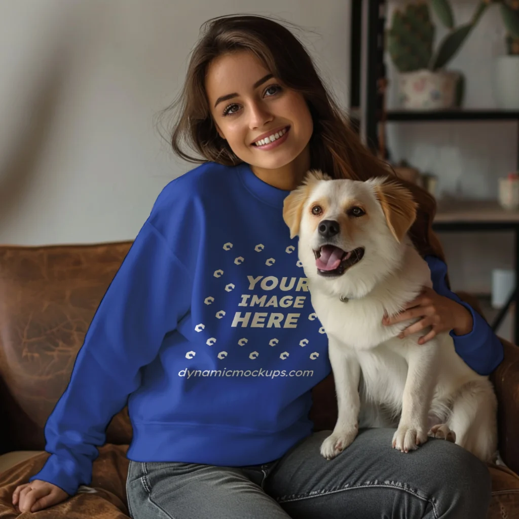 Woman Wearing Dark Blue Sweatshirt Mockup Front View Template