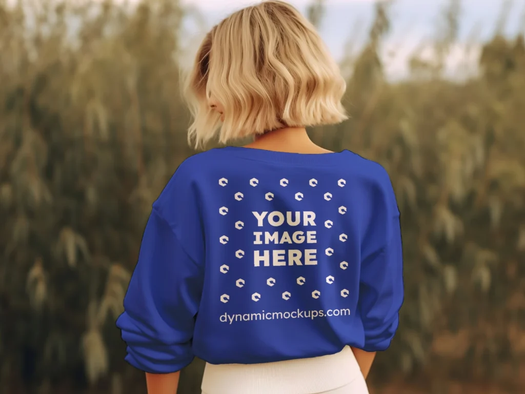 Woman Wearing Dark Blue Sweatshirt Mockup Back View Template