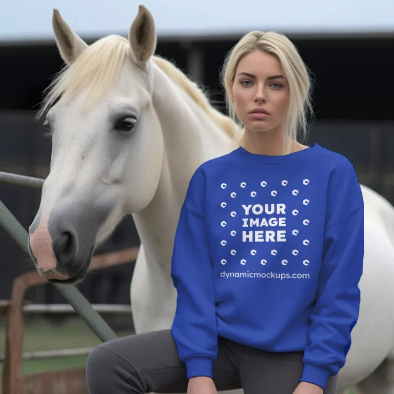 Woman Wearing Dark Blue Sweatshirt Mockup Front View Template