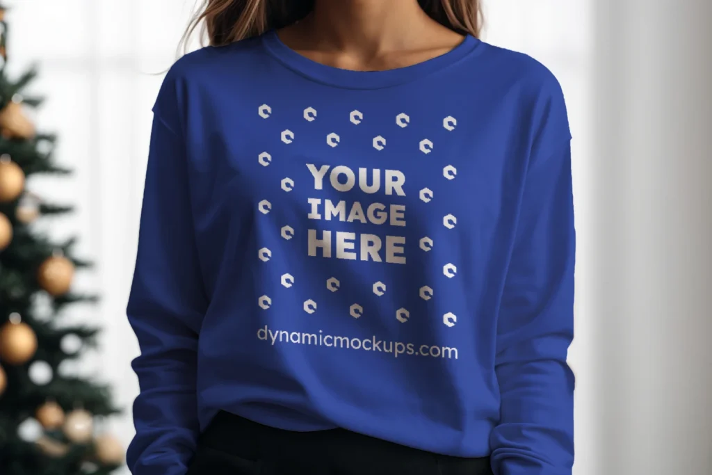 Woman Wearing Dark Blue Sweatshirt Mockup Front View Template