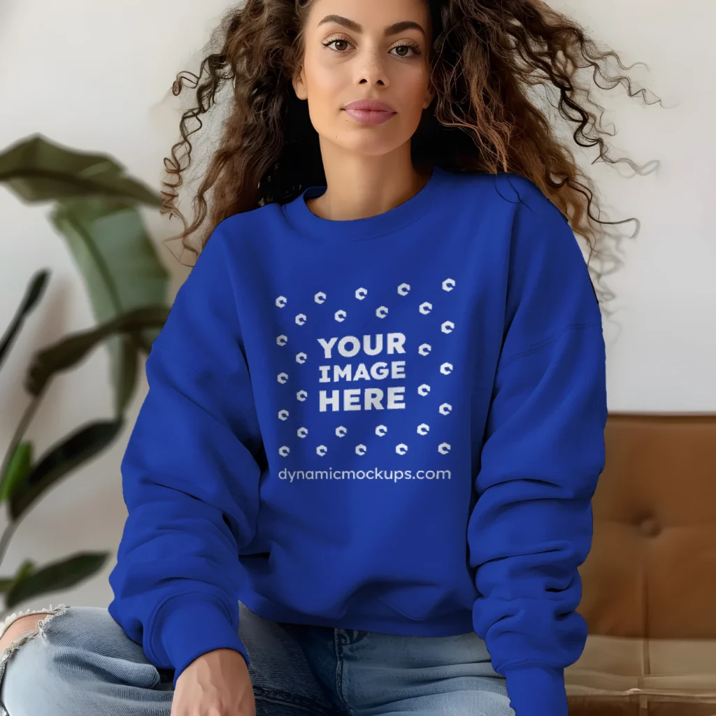 Woman Wearing Dark Blue Sweatshirt Mockup Front View Template