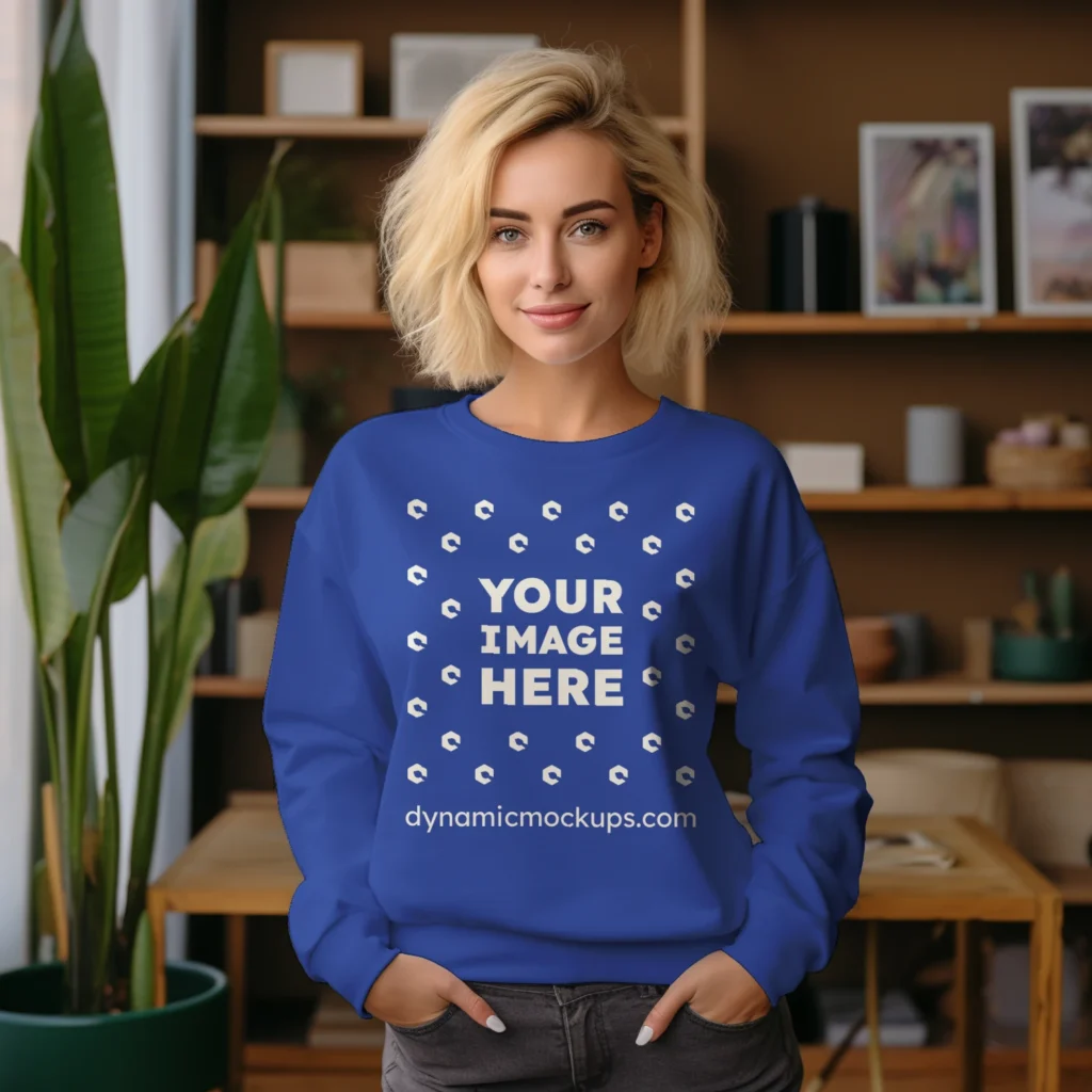 Woman Wearing Dark Blue Sweatshirt Mockup Front View Template